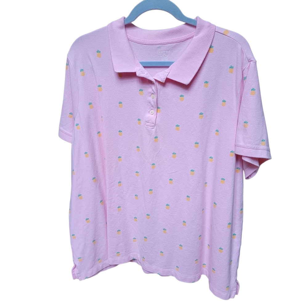 Lands' End Light Pink Polo with Fun Pineapple Print Womens 3X